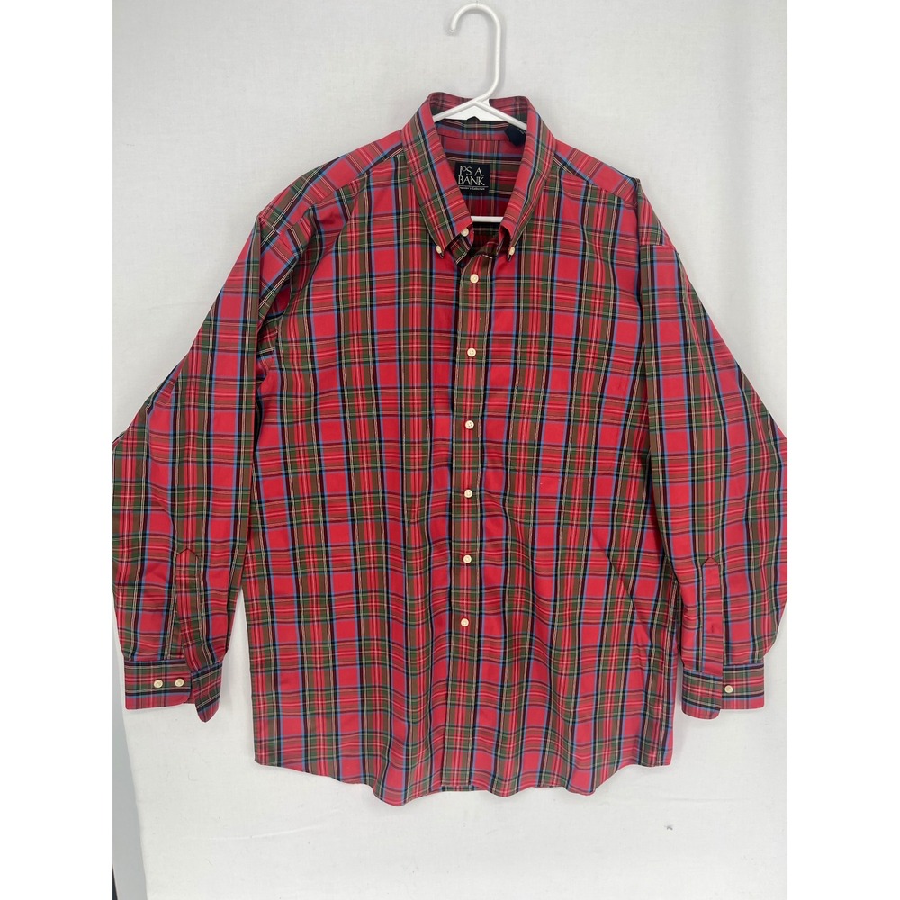 Jos. A. Bank Traveler's Collection Red Plaid Cotton Button Down Shirt Large